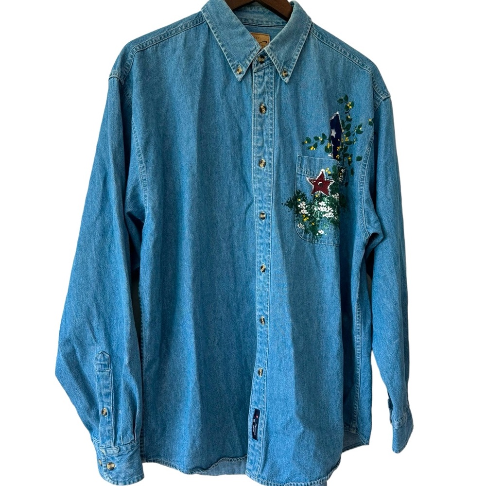 Port Authority Women’s Denim Jean Button Up Bird House Star Hand Painted Sz L